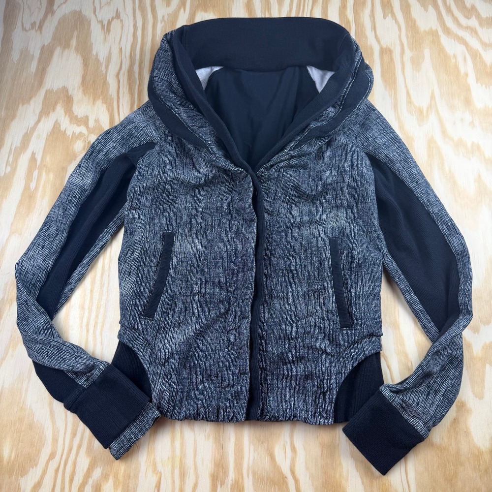 Lululemon Sz 12 Back to Class Jacket Sweatshirt Cardigan Button Black Gray